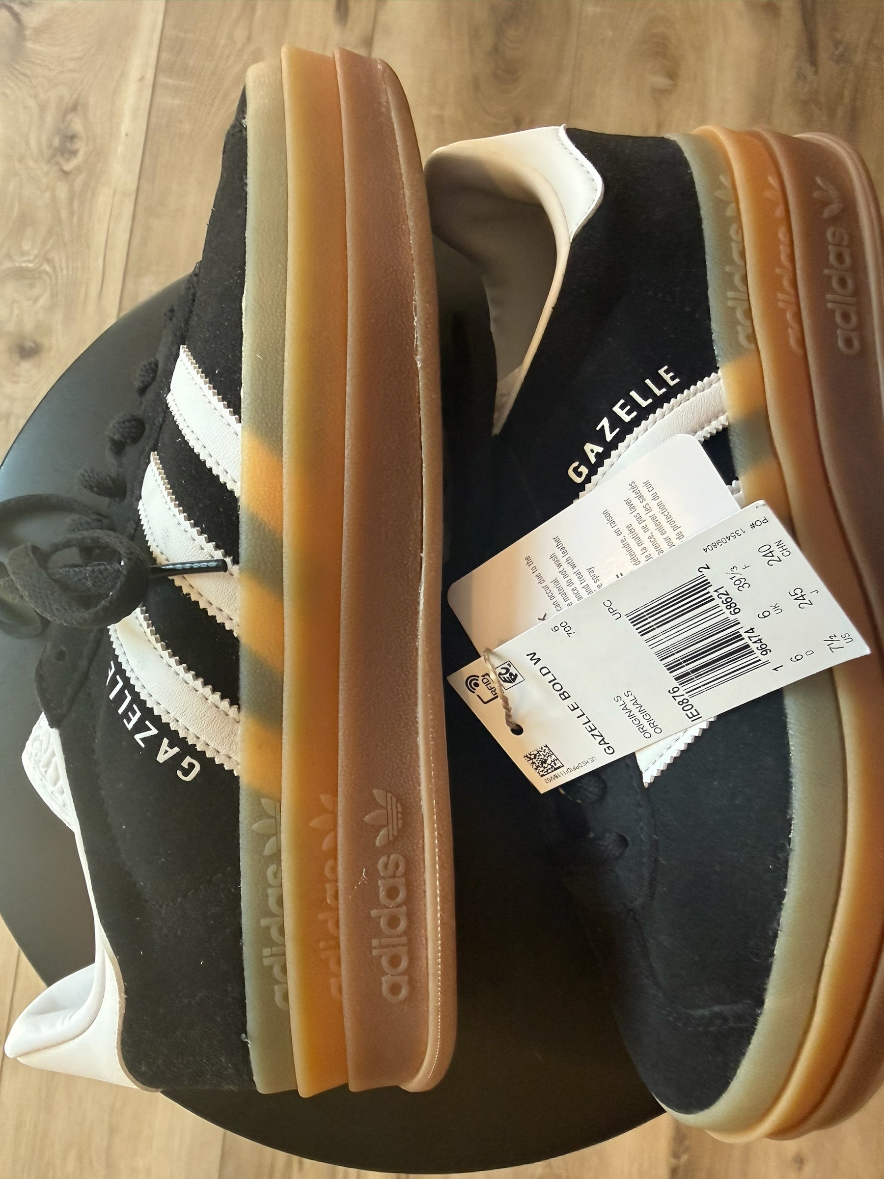 D’s Laces adidas Gazelle Bold black suede sneakers with white stripes and a stacked platform gum rubber sole.