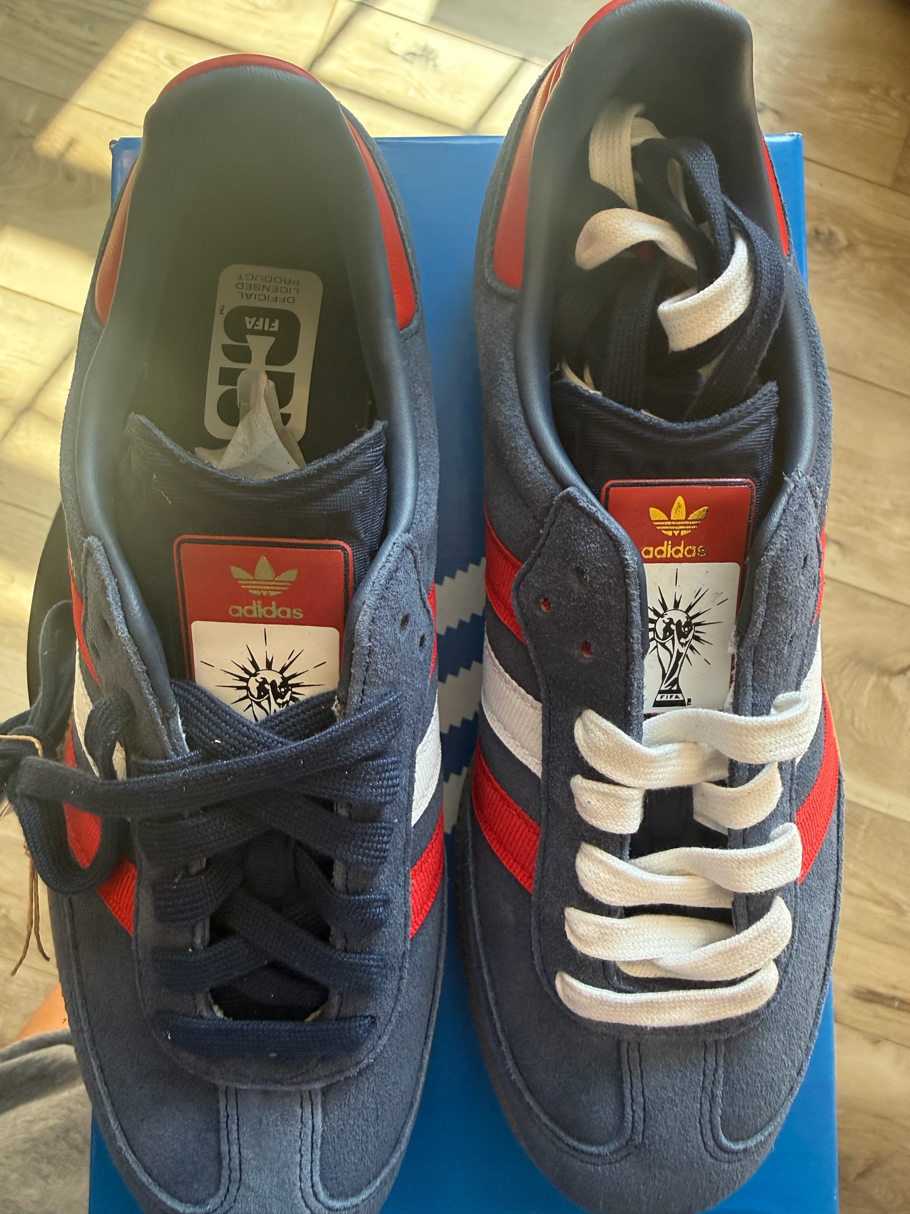 D’s Laces adidas Samba OG sneakers in navy suede with red and white stripes and FIFA-inspired tongue branding