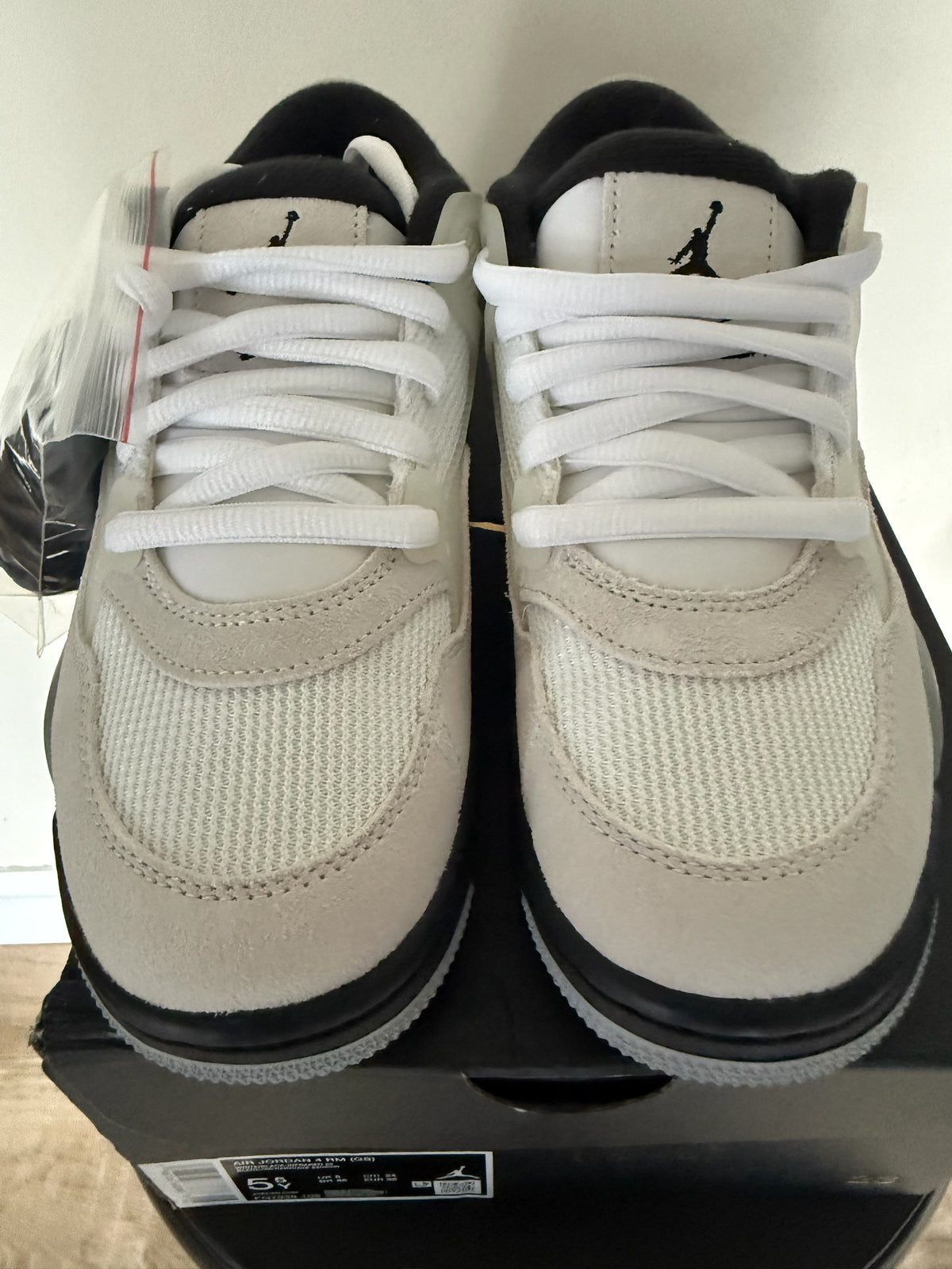 D’s Laces Jordan 4 RM sneakers in light bone, grey, and white with mesh and suede upper and white laces